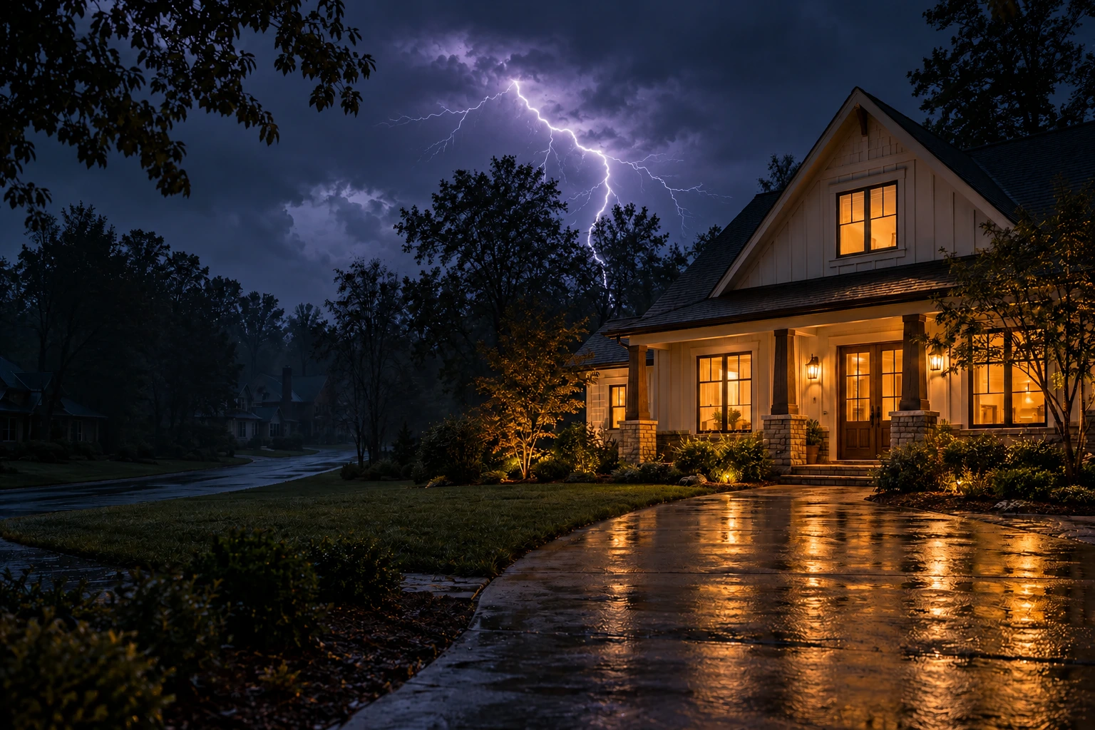 Illustrative storm scene with realistic branching lightning behind distant trees and a warmly lit home